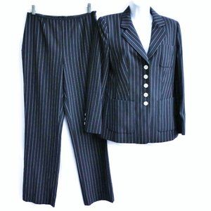 WooL Escada Pinstripe Pantsuit Blazer Pants Navy White Luxury MOP Career 38